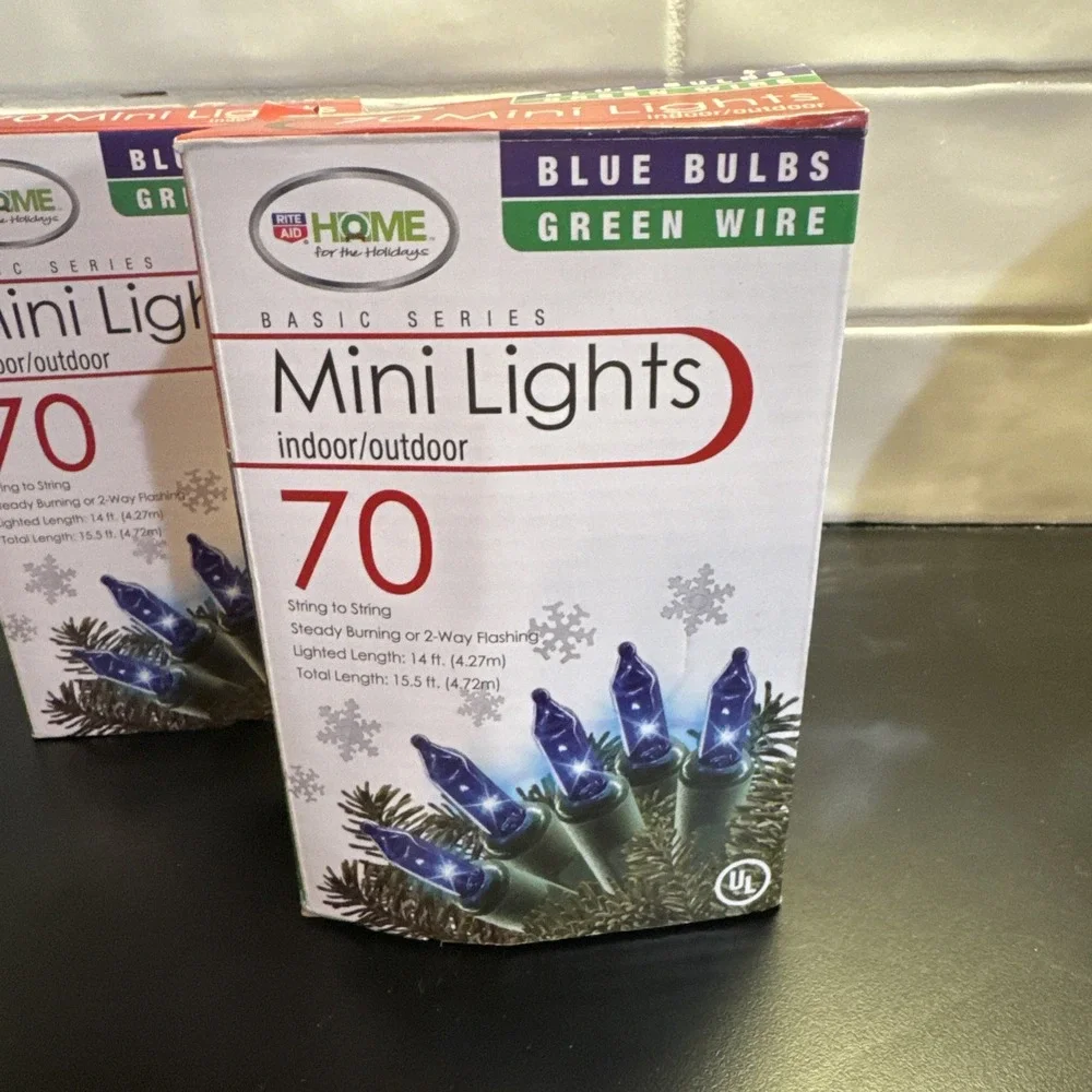 Rite Aid Home Mini Lights 70 Count Blue Bulbs‎ Green Wire Indoor Outdoor 2 Pack